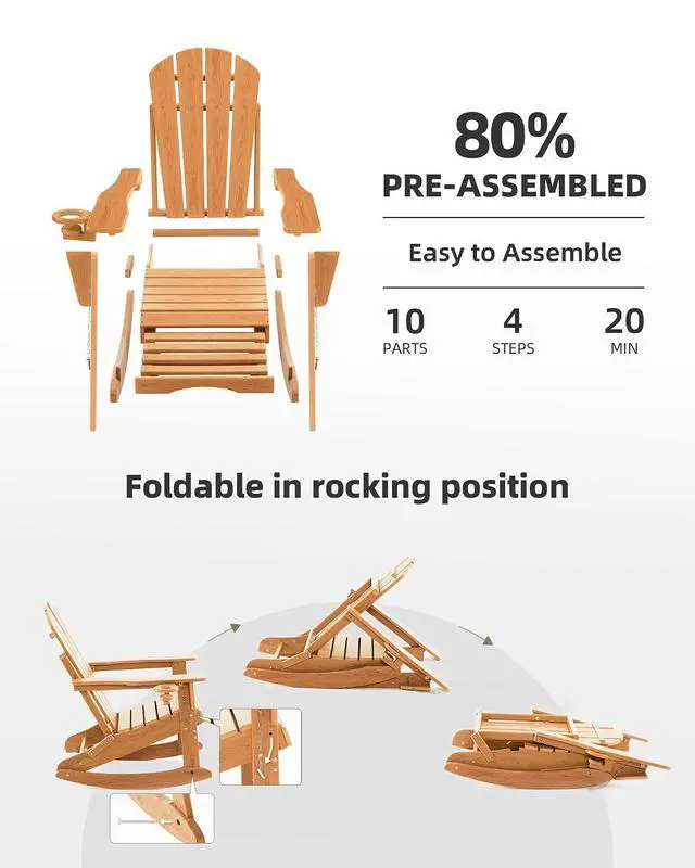 Alt view image 6 of 7 - Folding Adirondack Rocking Chair Set of 4,4-in-1 Multifunctional Patio Chairs with Retractable Ottoman, Outdoor Chairs Wood Texture, Lawn Chair for Porch, Backyard, Pool(Teak)