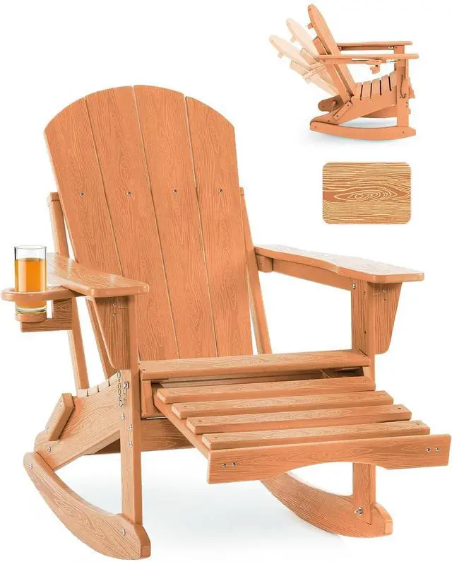 Main image of Adjustable Adirondack Rocking Chair with Retractable Ottoman, 4-in-1 Multifunctional Folding Patio Chair with Cup Holder, Outdoor Chair Wood Texture for Lawn, Porch, Backyard, Pool(Teak)