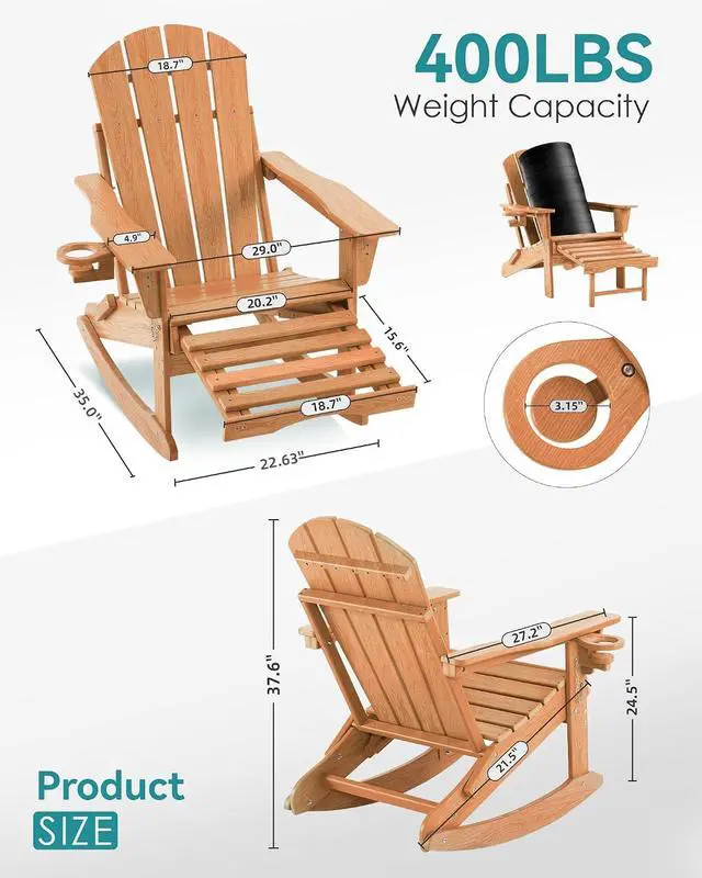 Alt view image 2 of 7 - Adjustable Adirondack Rocking Chair with Retractable Ottoman, 4-in-1 Multifunctional Folding Patio Chair with Cup Holder, Outdoor Chair Wood Texture for Lawn, Porch, Backyard, Pool(Teak)