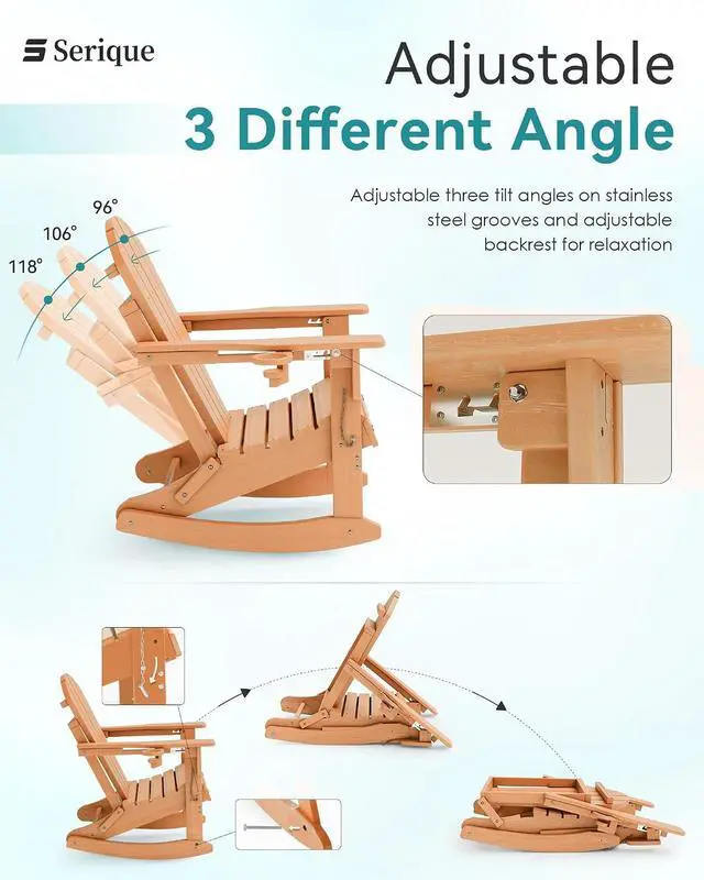 Alt view image 3 of 7 - Adjustable Adirondack Rocking Chair with Retractable Ottoman, 4-in-1 Multifunctional Folding Patio Chair with Cup Holder, Outdoor Chair Wood Texture for Lawn, Porch, Backyard, Pool(Teak)