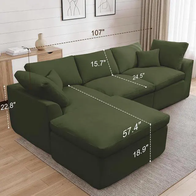 Alt view image 2 of 7 - Korser 110" Cloud Sectional Couches for Living Room, Modern Modular Sectional Sofa with Ottoman, Boneless Cloud Couch with Comfy Deep Seats, Fluffy Chenille L-Shape Sofa Couch for Living Room, Green