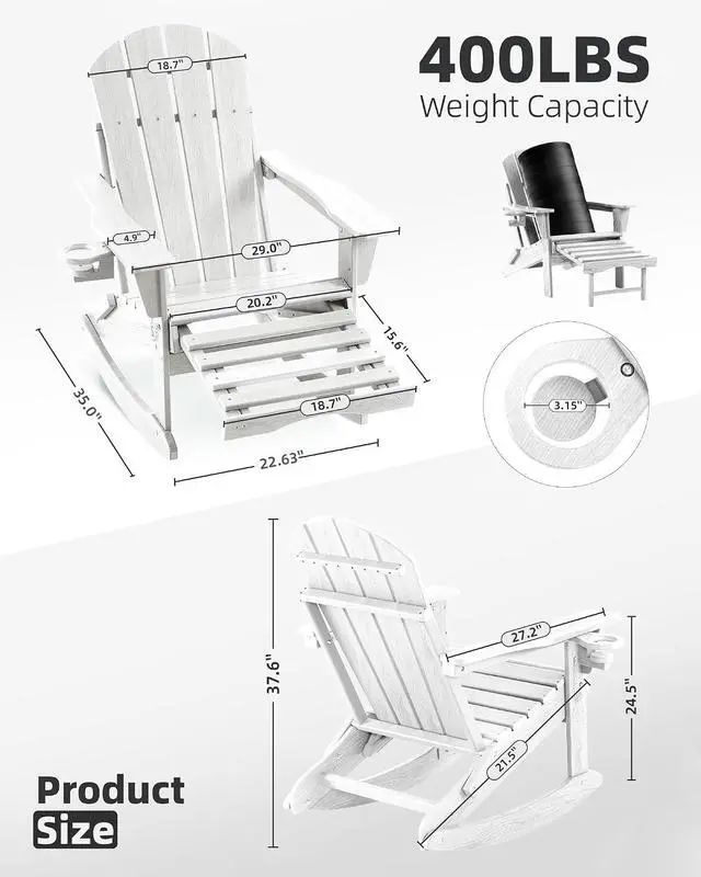 Alt view image 2 of 7 - Folding Adirondack Rocking Chair,4-in-1 Multifunctional Patio Chair with Retractable Ottoman, Outdoor Chair Wood Texture, Lawn Chair for Porch, Backyard, Pool(White)