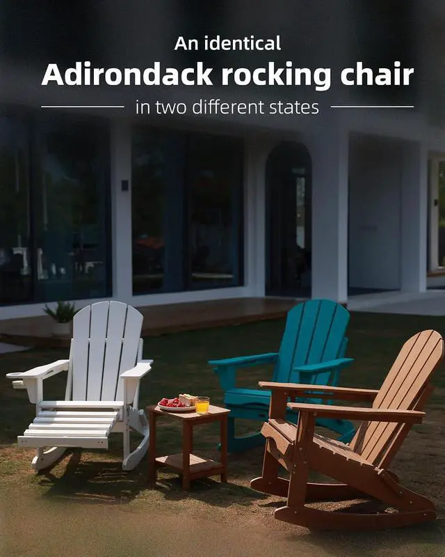 Alt view image 3 of 7 - Folding Adirondack Rocking Chair Set of 2,4-in-1 Multifunctional Patio Chairs with Retractable Ottoman, Outdoor Chairs Wood Texture, Lawn Chair for Porch, Backyard, Pool(White)