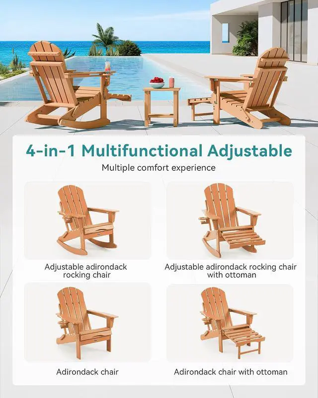 Alt view image 4 of 7 - Adjustable Adirondack Rocking Chair with Retractable Ottoman, 4-in-1 Multifunctional Folding Patio Chair with Cup Holder, Outdoor Chair Wood Texture for Lawn, Porch, Backyard, Pool(Teak)