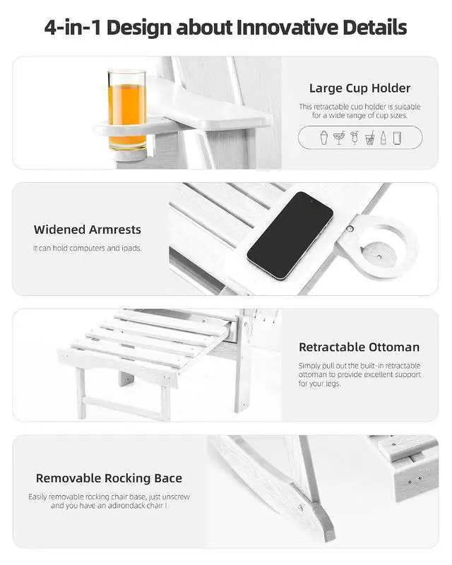 Alt view image 4 of 7 - Folding Adirondack Rocking Chair,4-in-1 Multifunctional Patio Chair with Retractable Ottoman, Outdoor Chair Wood Texture, Lawn Chair for Porch, Backyard, Pool(White)