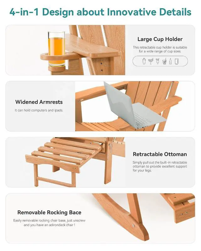 Alt view image 5 of 7 - Adjustable Adirondack Rocking Chair with Retractable Ottoman, 4-in-1 Multifunctional Folding Patio Chair with Cup Holder, Outdoor Chair Wood Texture for Lawn, Porch, Backyard, Pool(Teak)