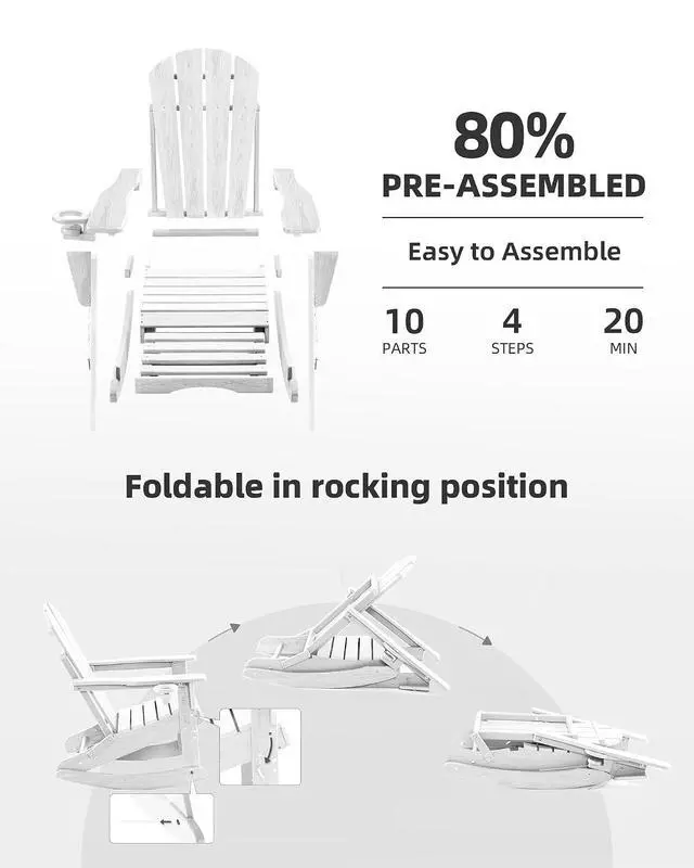 Alt view image 6 of 7 - Folding Adirondack Rocking Chair,4-in-1 Multifunctional Patio Chair with Retractable Ottoman, Outdoor Chair Wood Texture, Lawn Chair for Porch, Backyard, Pool(White)