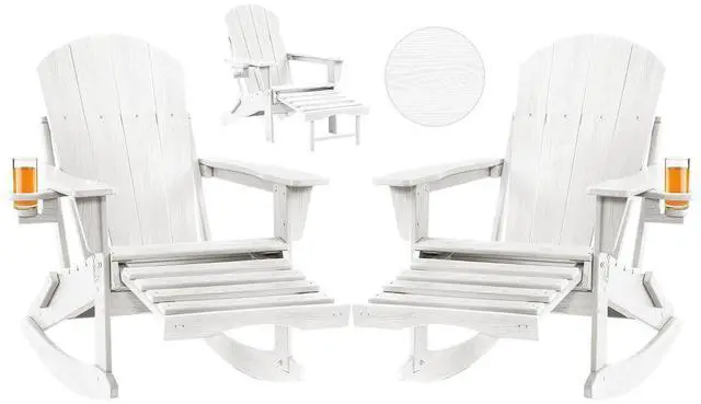 Main image of Folding Adirondack Rocking Chair Set of 2,4-in-1 Multifunctional Patio Chairs with Retractable Ottoman, Outdoor Chairs Wood Texture, Lawn Chair for Porch, Backyard, Pool(White)