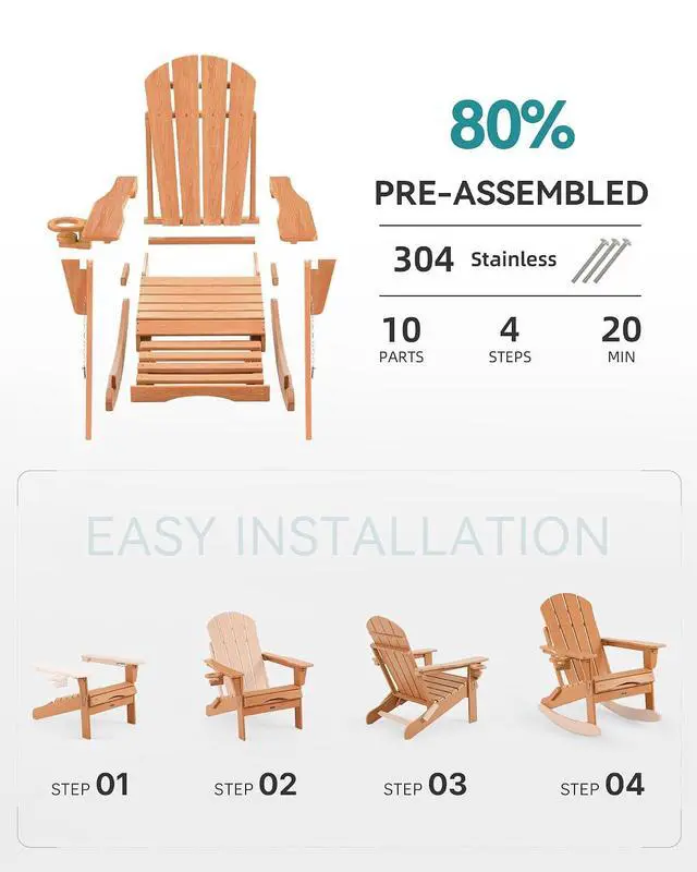Alt view image 6 of 7 - Adjustable Adirondack Rocking Chair with Retractable Ottoman, 4-in-1 Multifunctional Folding Patio Chair with Cup Holder, Outdoor Chair Wood Texture for Lawn, Porch, Backyard, Pool(Teak)