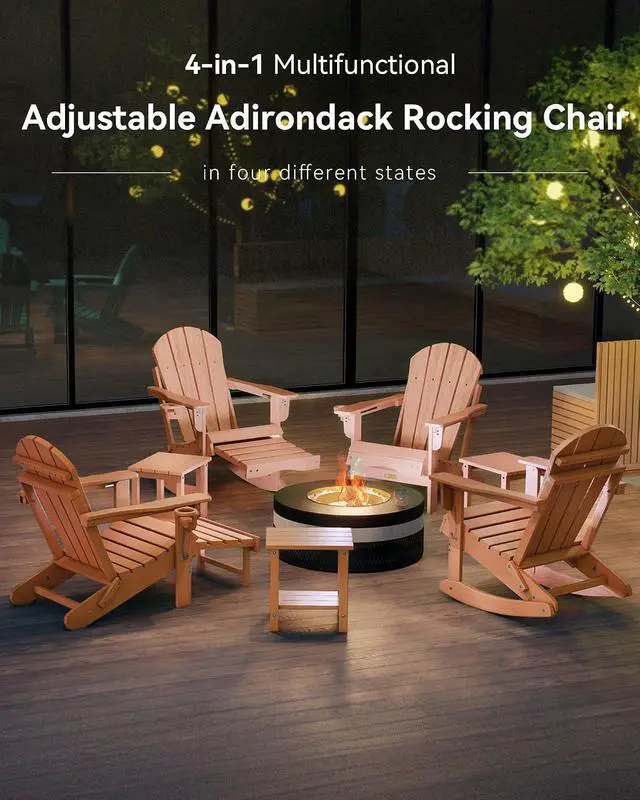Alt view image 7 of 7 - Adjustable Adirondack Rocking Chair with Retractable Ottoman, 4-in-1 Multifunctional Folding Patio Chair with Cup Holder, Outdoor Chair Wood Texture for Lawn, Porch, Backyard, Pool(Teak)