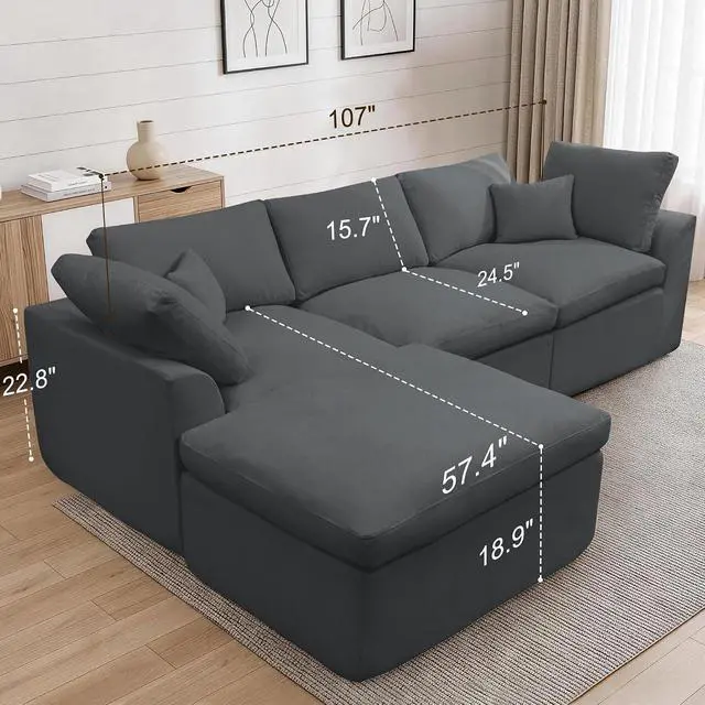 Alt view image 2 of 7 - Korser 110" Cloud Sectional Couches for Living Room, Modern Modular Sectional Sofa with Ottoman, Boneless Cloud Couch with Comfy Deep Seats, Fluffy Chenille L-Shape Sofa Couch for Living Room,Darkgrey