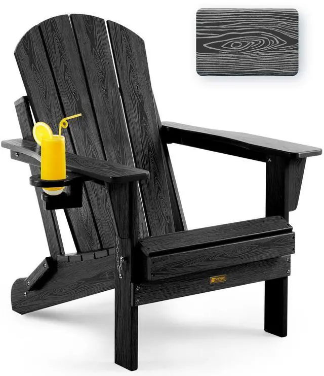 Main image of Folding Adirondack Chair Wood Texture, Patio Chairs Weather Resistant, Outdoor Chair, Lawn Chair with Cup Holder, Fire Pit Chair for Deck, Outdoor, Porch, Backyard (Black)