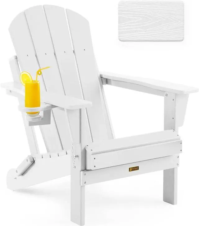 Main image of Folding Adirondack Chair Wood Texture, Patio Chairs Weather Resistant, Outdoor Chair, Lawn Chair with Cup Holder, Fire Pit Chair for Deck, Outdoor, Porch, Backyard (White)