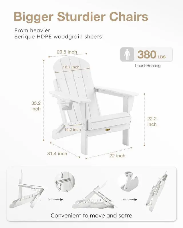 Alt view image 2 of 7 - Folding Adirondack Chair Wood Texture, Patio Chairs Weather Resistant, Outdoor Chair, Lawn Chair with Cup Holder, Fire Pit Chair for Deck, Outdoor, Porch, Backyard (White)