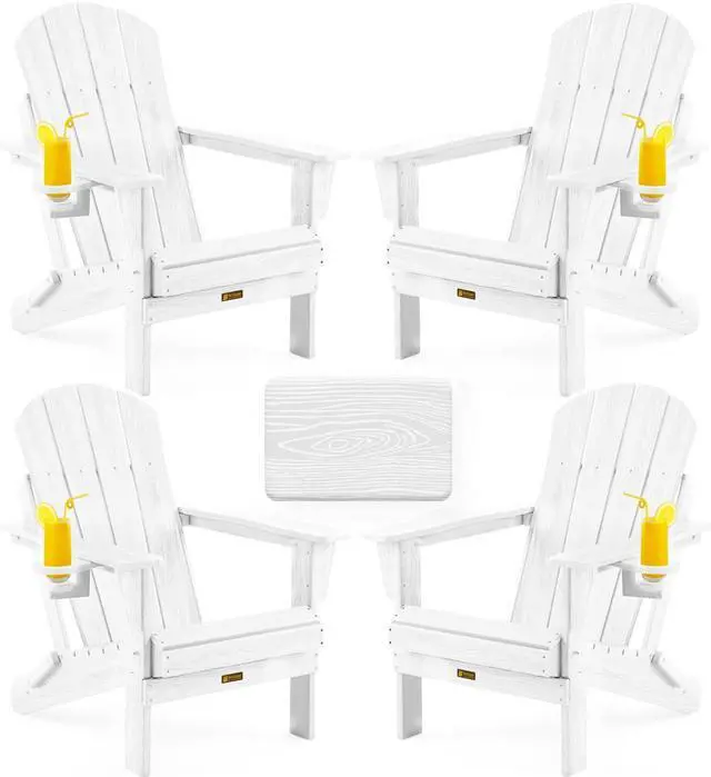 Main image of Folding Adirondack Chair, Patio Chair Wood Texture, Outdoor Chair Weather Resistant, Fire Pit Chair with Cup Holder, Composite Adirondack Chair Set of 4(White)