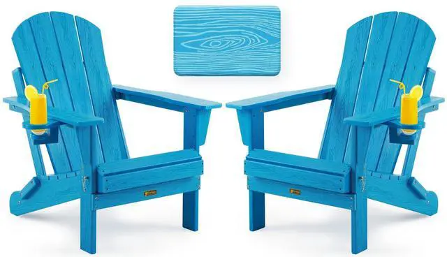 Main image of Folding Adirondack Chair, Patio Chair Wood Texture, Outdoor Chair Weather Resistant, Fire Pit Chair with Cup Holder, Composite Adirondack Chair Set of 2-(Pacific Blue)