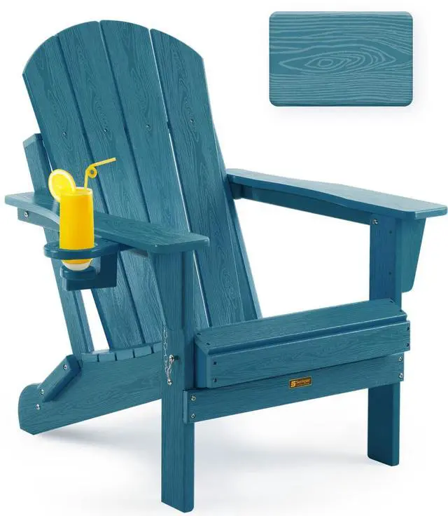 Main image of Folding Adirondack Chair Wood Texture, Patio Chairs Weather Resistant, Outdoor Chair, Lawn Chair with Cup Holder, Fire Pit Chair for Deck, Outdoor, Porch, Backyard (Navy Blue)