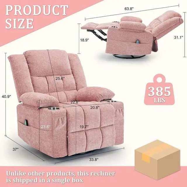 Alt view image 2 of 7 - Korser 360° Swivel Rocker Recliner for Adults, Nursery Glider Recliner with Massage and Heating, Rocking Chair with Cup Holder, Manual Recliner Chair for Living Room, Bedroom (Fabric, Pink)
