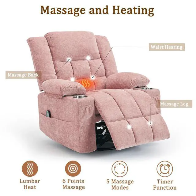 Alt view image 4 of 7 - Korser 360° Swivel Rocker Recliner for Adults, Nursery Glider Recliner with Massage and Heating, Rocking Chair with Cup Holder, Manual Recliner Chair for Living Room, Bedroom (Fabric, Pink)