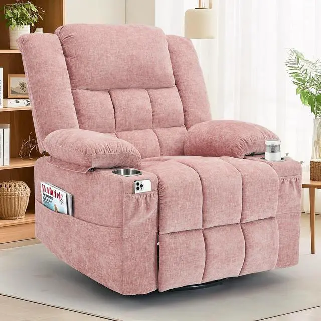 Main image of Korser 360° Swivel Rocker Recliner for Adults, Nursery Glider Recliner with Massage and Heating, Rocking Chair with Cup Holder, Manual Recliner Chair for Living Room, Bedroom (Fabric, Pink)