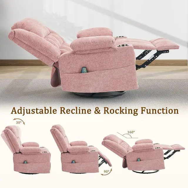 Alt view image 5 of 7 - Korser 360° Swivel Rocker Recliner for Adults, Nursery Glider Recliner with Massage and Heating, Rocking Chair with Cup Holder, Manual Recliner Chair for Living Room, Bedroom (Fabric, Pink)