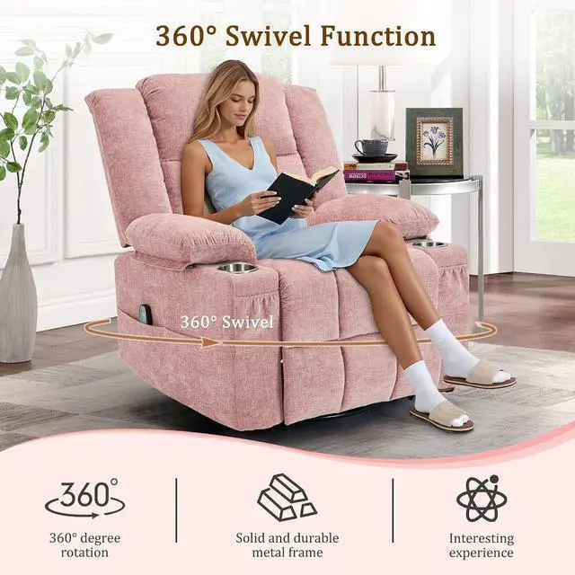 Alt view image 3 of 7 - Korser 360° Swivel Rocker Recliner for Adults, Nursery Glider Recliner with Massage and Heating, Rocking Chair with Cup Holder, Manual Recliner Chair for Living Room, Bedroom (Fabric, Pink)