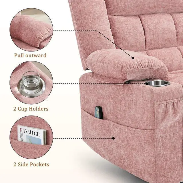 Alt view image 6 of 7 - Korser 360° Swivel Rocker Recliner for Adults, Nursery Glider Recliner with Massage and Heating, Rocking Chair with Cup Holder, Manual Recliner Chair for Living Room, Bedroom (Fabric, Pink)