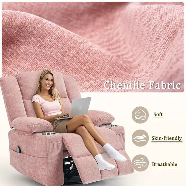Alt view image 7 of 7 - Korser 360° Swivel Rocker Recliner for Adults, Nursery Glider Recliner with Massage and Heating, Rocking Chair with Cup Holder, Manual Recliner Chair for Living Room, Bedroom (Fabric, Pink)