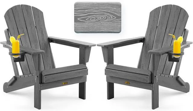 Main image of Folding Adirondack Chair, Patio Chair Wood Texture, Outdoor Chair Weather Resistant, Fire Pit Chair with Cup Holder, Composite Adirondack Chair Set of 2(Grey)