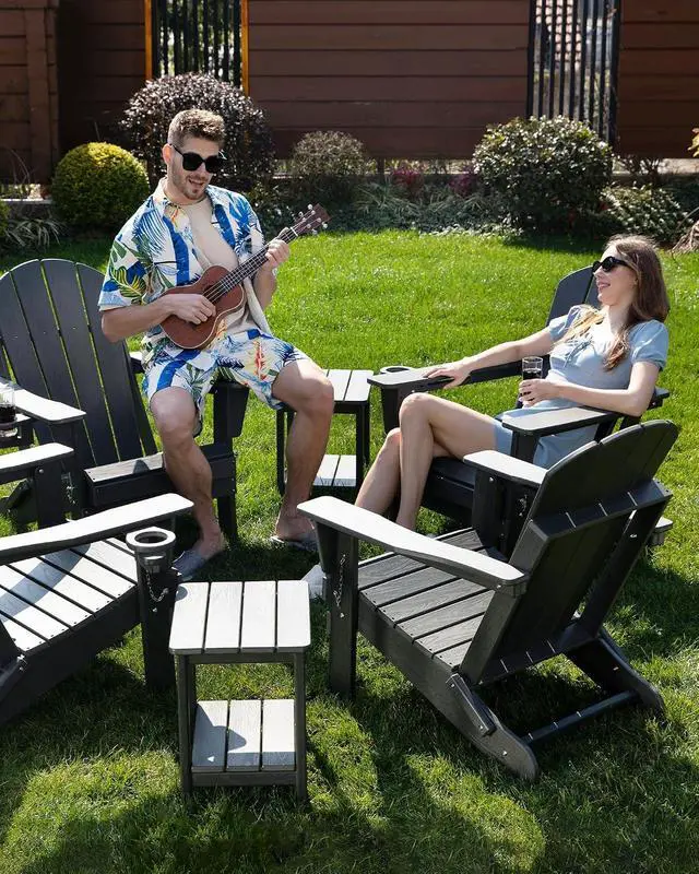 Alt view image 2 of 7 - Folding Adirondack Chair Wood Texture, Patio Chairs Weather Resistant, Outdoor Chair, Lawn Chair with Cup Holder, Fire Pit Chair for Deck, Outdoor, Porch, Backyard (Black)