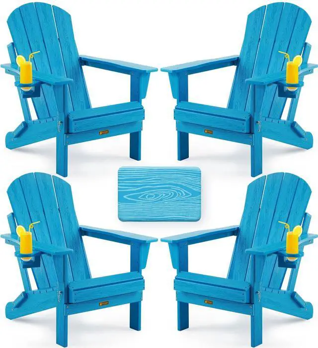 Main image of Folding Adirondack Chair, Patio Chair Wood Texture, Outdoor Chair Weather Resistant, Fire Pit Chair with Cup Holder, Composite Adirondack Chair Set of 4(Pacific Blue)