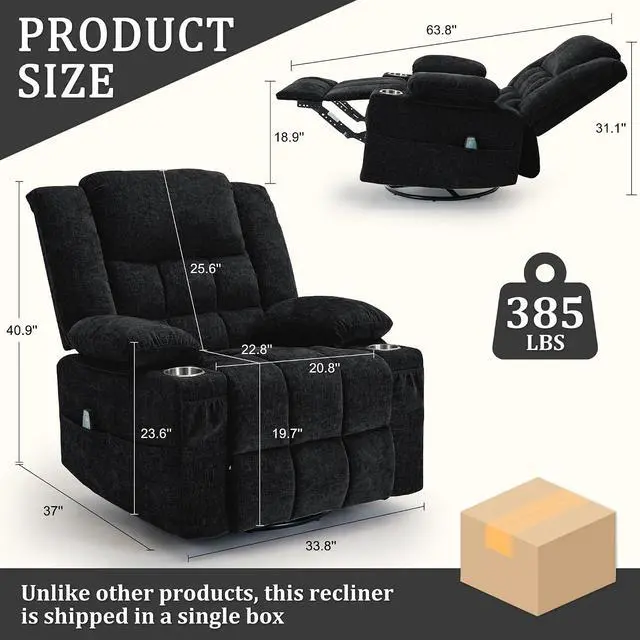 Alt view image 2 of 7 - Korser 360° Swivel Rocker Recliner for Adult, Nursery Glider Recliners with Massage & Heating, Rocking Chair with Cup Holder, Manual Recliner Chair for Living Room, Bedroom (Black)