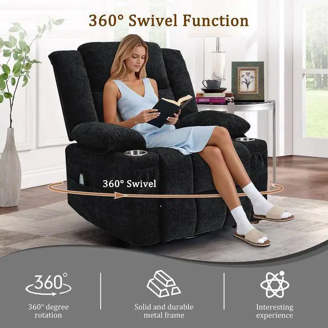 Alt view image 3 of 7 - Korser 360° Swivel Rocker Recliner for Adult, Nursery Glider Recliners with Massage & Heating, Rocking Chair with Cup Holder, Manual Recliner Chair for Living Room, Bedroom (Black)