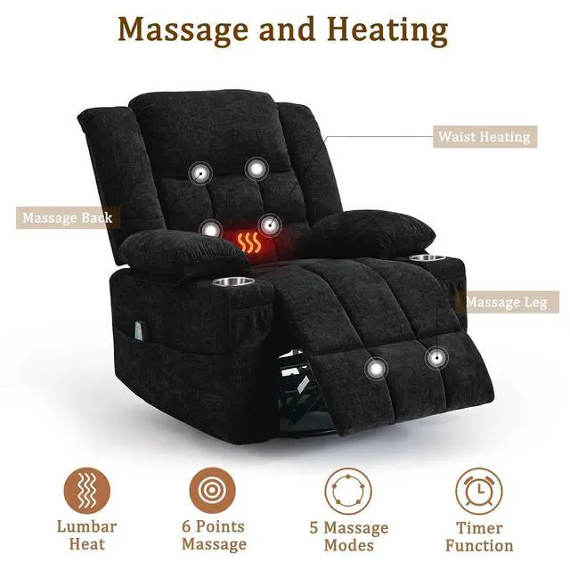 Alt view image 4 of 7 - Korser 360° Swivel Rocker Recliner for Adult, Nursery Glider Recliners with Massage & Heating, Rocking Chair with Cup Holder, Manual Recliner Chair for Living Room, Bedroom (Black)