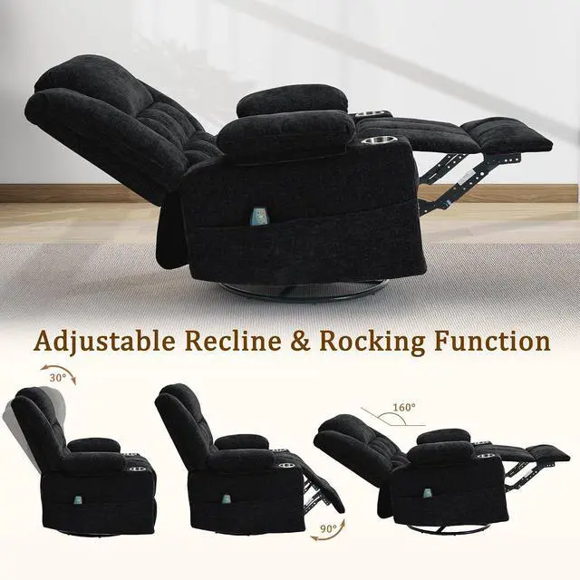 Alt view image 5 of 7 - Korser 360° Swivel Rocker Recliner for Adult, Nursery Glider Recliners with Massage & Heating, Rocking Chair with Cup Holder, Manual Recliner Chair for Living Room, Bedroom (Black)