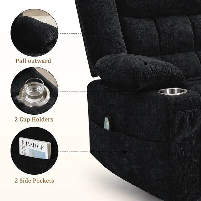 Alt view image 6 of 7 - Korser 360° Swivel Rocker Recliner for Adult, Nursery Glider Recliners with Massage & Heating, Rocking Chair with Cup Holder, Manual Recliner Chair for Living Room, Bedroom (Black)