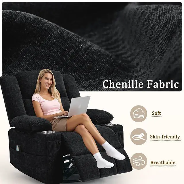 Alt view image 7 of 7 - Korser 360° Swivel Rocker Recliner for Adult, Nursery Glider Recliners with Massage & Heating, Rocking Chair with Cup Holder, Manual Recliner Chair for Living Room, Bedroom (Black)