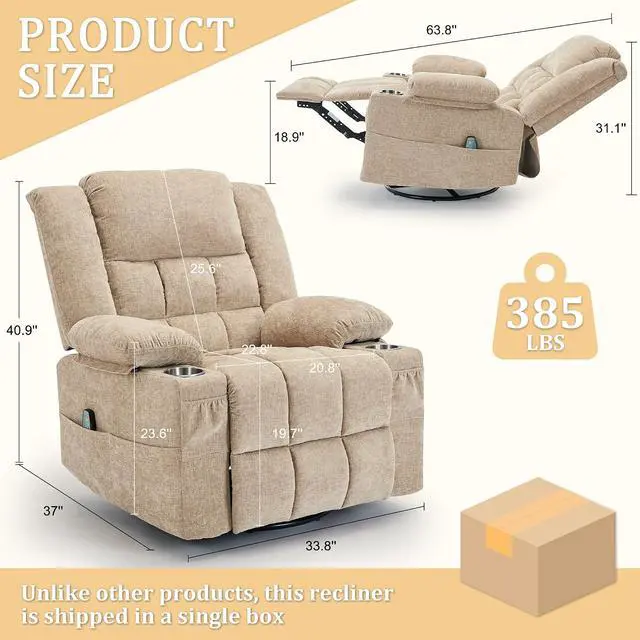 Alt view image 2 of 7 - Korser 360° Swivel Rocker Recliner for Adult, Nursery Glider Recliners with Massage & Heating, Rocking Chair with Cup Holder, Manual Recliner Chair for Living Room, Bedroom (Khaki)