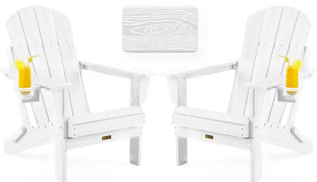 Main image of Folding Adirondack Chair, Patio Chair Wood Texture, Outdoor Chair Weather Resistant, Fire Pit Chair with Cup Holder, Composite Adirondack Chair Set of 2(White)