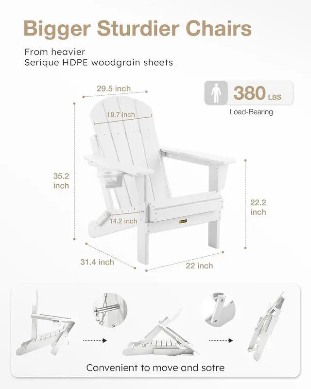 Alt view image 2 of 7 - Folding Adirondack Chair Wood Texture, Patio Chairs Weather Resistant, Outdoor Chair, Lawn Chair with Cup Holder, Fire Pit Chair for Deck, Outdoor, Porch, Backyard (White)
