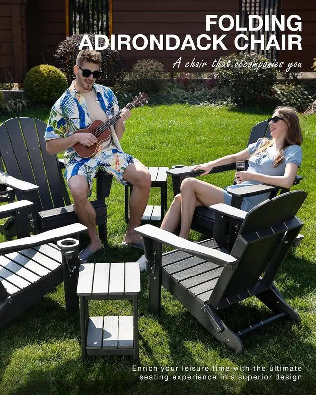 Alt view image 3 of 7 - Folding Adirondack Chair Wood Texture, Patio Chairs Weather Resistant, Outdoor Chair, Lawn Chair with Cup Holder, Fire Pit Chair for Deck, Outdoor, Porch, Backyard (White)