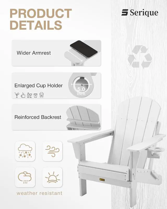 Alt view image 4 of 7 - Folding Adirondack Chair Wood Texture, Patio Chairs Weather Resistant, Outdoor Chair, Lawn Chair with Cup Holder, Fire Pit Chair for Deck, Outdoor, Porch, Backyard (White)