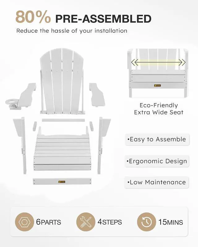 Alt view image 7 of 7 - Folding Adirondack Chair Wood Texture, Patio Chairs Weather Resistant, Outdoor Chair, Lawn Chair with Cup Holder, Fire Pit Chair for Deck, Outdoor, Porch, Backyard (White)