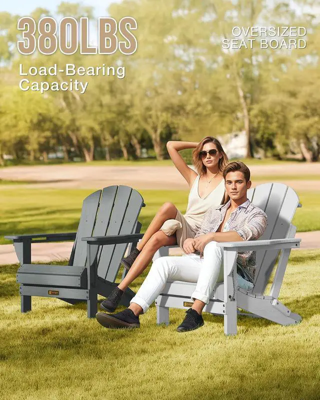 Alt view image 7 of 7 - Folding Adirondack Chair, Patio Chair Wood Texture, Outdoor Chair Weather Resistant, Fire Pit Chair with Cup Holder, Composite Adirondack Chair Set of 2(White)