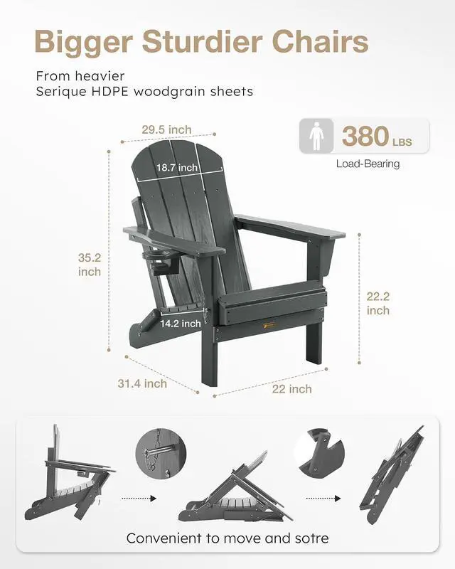Alt view image 3 of 7 - Folding Adirondack Chair, Patio Chair Wood Texture, Outdoor Chair Weather Resistant, Fire Pit Chair with Cup Holder, Composite Adirondack Chair Set of 4 (Grey)