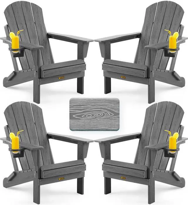 Main image of Folding Adirondack Chair, Patio Chair Wood Texture, Outdoor Chair Weather Resistant, Fire Pit Chair with Cup Holder, Composite Adirondack Chair Set of 4 (Grey)