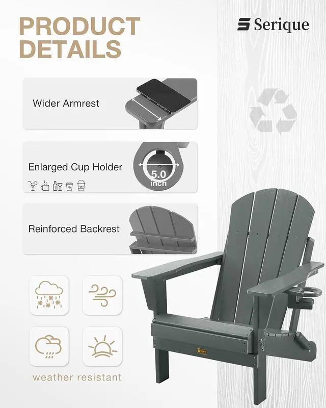Alt view image 6 of 7 - Folding Adirondack Chair, Patio Chair Wood Texture, Outdoor Chair Weather Resistant, Fire Pit Chair with Cup Holder, Composite Adirondack Chair Set of 4 (Grey)