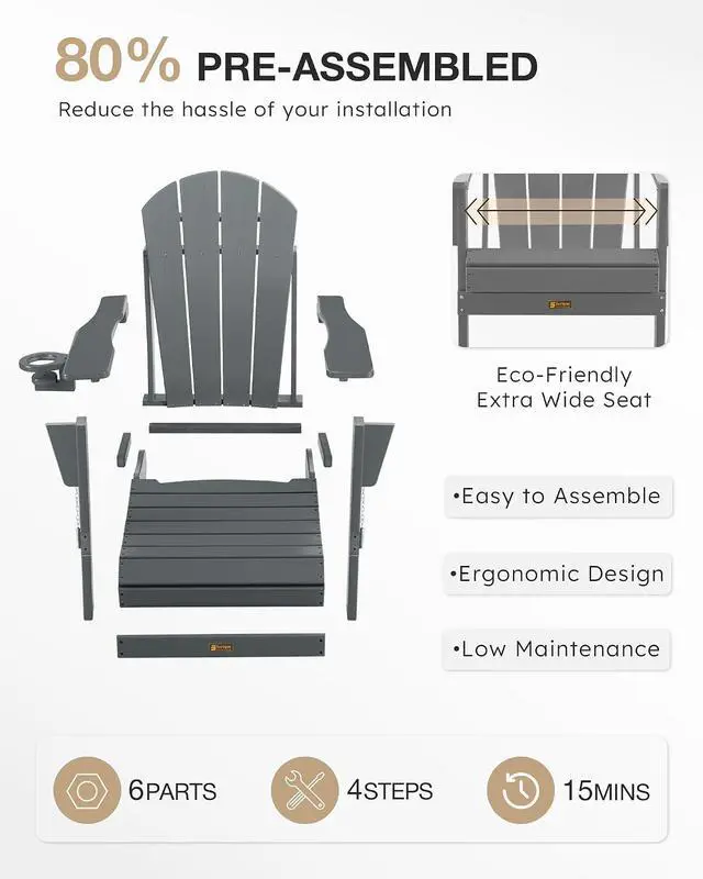 Alt view image 7 of 7 - Folding Adirondack Chair, Patio Chair Wood Texture, Outdoor Chair Weather Resistant, Fire Pit Chair with Cup Holder, Composite Adirondack Chair Set of 4 (Grey)