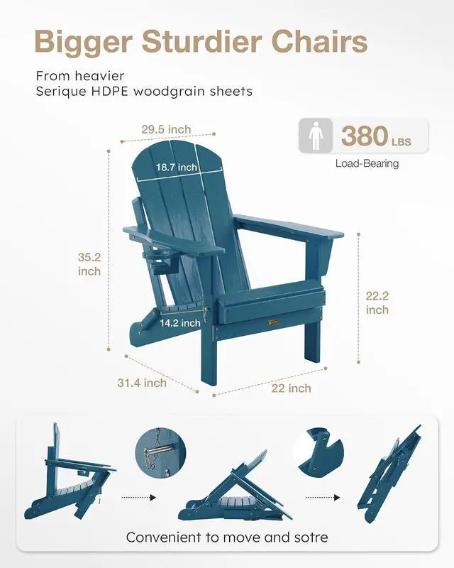 Alt view image 2 of 7 - Folding Adirondack Chair, Patio Chair Wood Texture, Outdoor Chair Weather Resistant, Fire Pit Chair with Cup Holder, Composite Adirondack Chair Set of 2(Navy Blue)