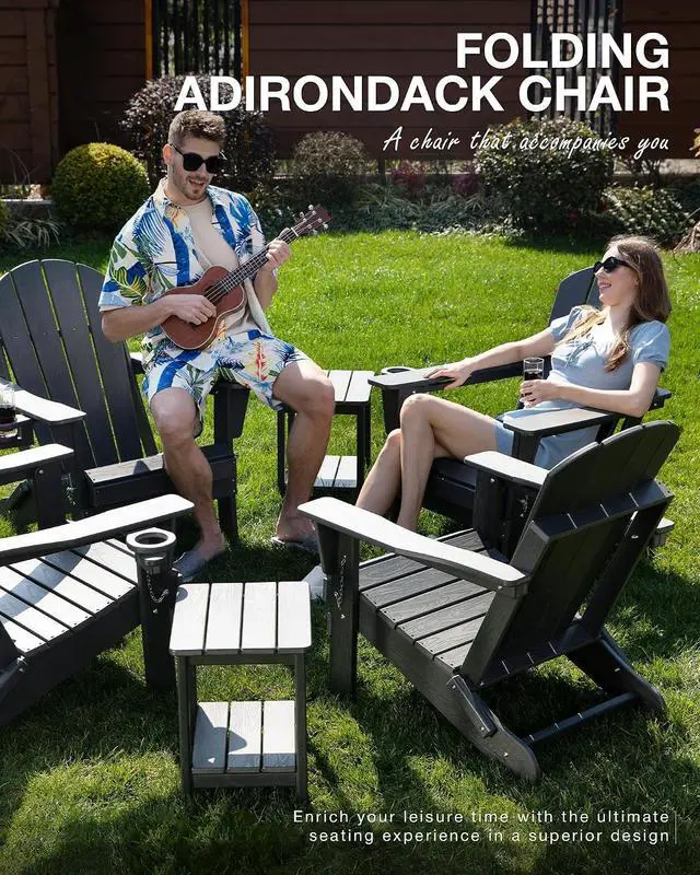 Alt view image 3 of 7 - Folding Adirondack Chair, Patio Chair Wood Texture, Outdoor Chair Weather Resistant, Fire Pit Chair with Cup Holder, Composite Adirondack Chair Set of 2(Navy Blue)